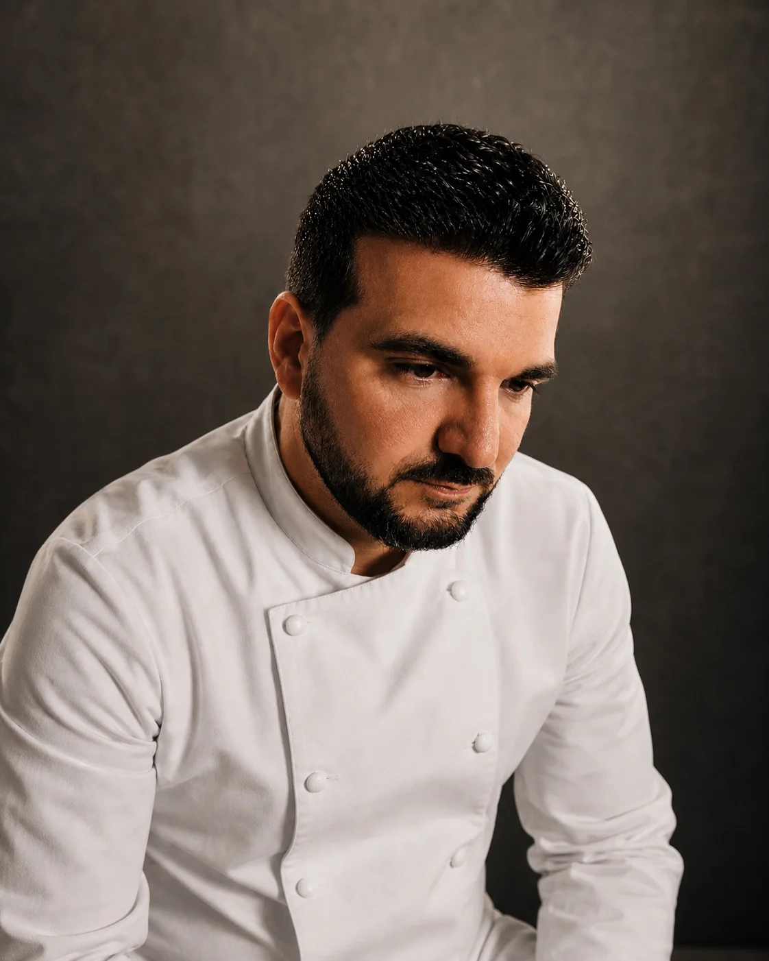 Retrato del chef privado David Alcántara con chaquetilla blanca